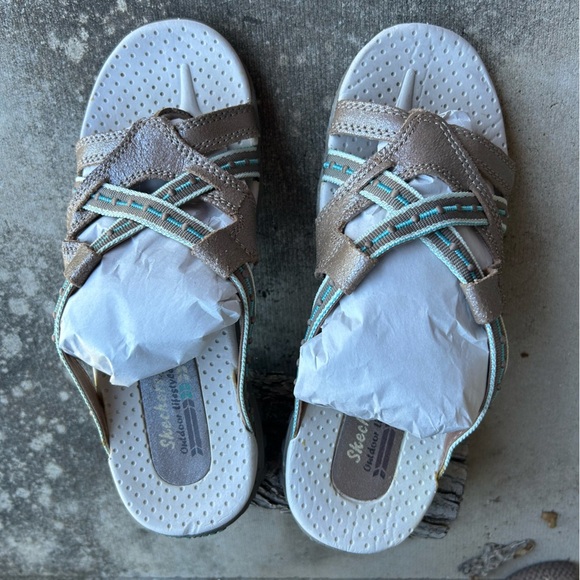 Skechers Reggae Gray & Teal leather Women's Slide Sandals Sz-6. Q - Picture 12 of 13